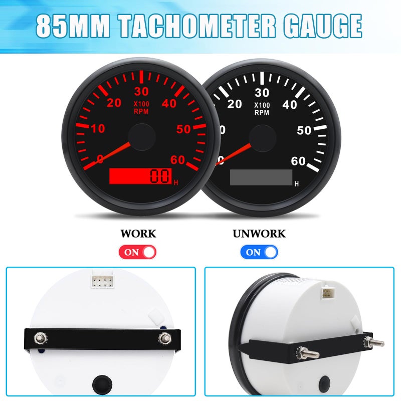 Geloo 85MM Marine Tachometer Outboard Waterproof 6000RPM Boat RPM Tacho Meter with LCD Digital Hour Meter Red Backlight for Car Truck Diesel Engine 9-32V - Image 4